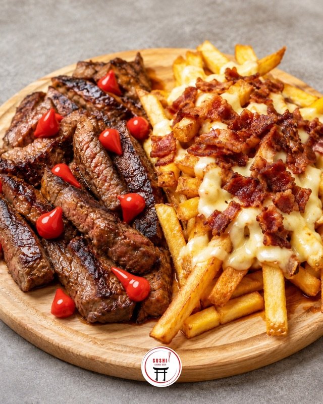 Tiras de carne bovina grelhada com fritas, queijo derretido e bacon, em tábua de madeira