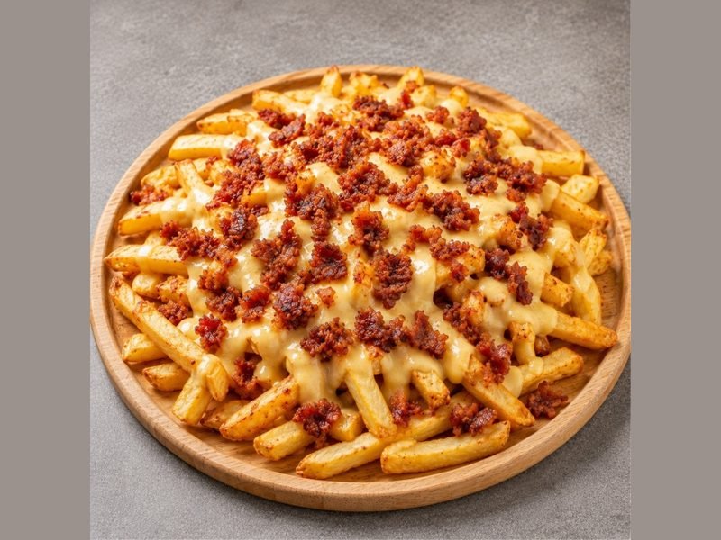 Batatas fritas com queijo derretido e bacon crocante, em tábua de madeira